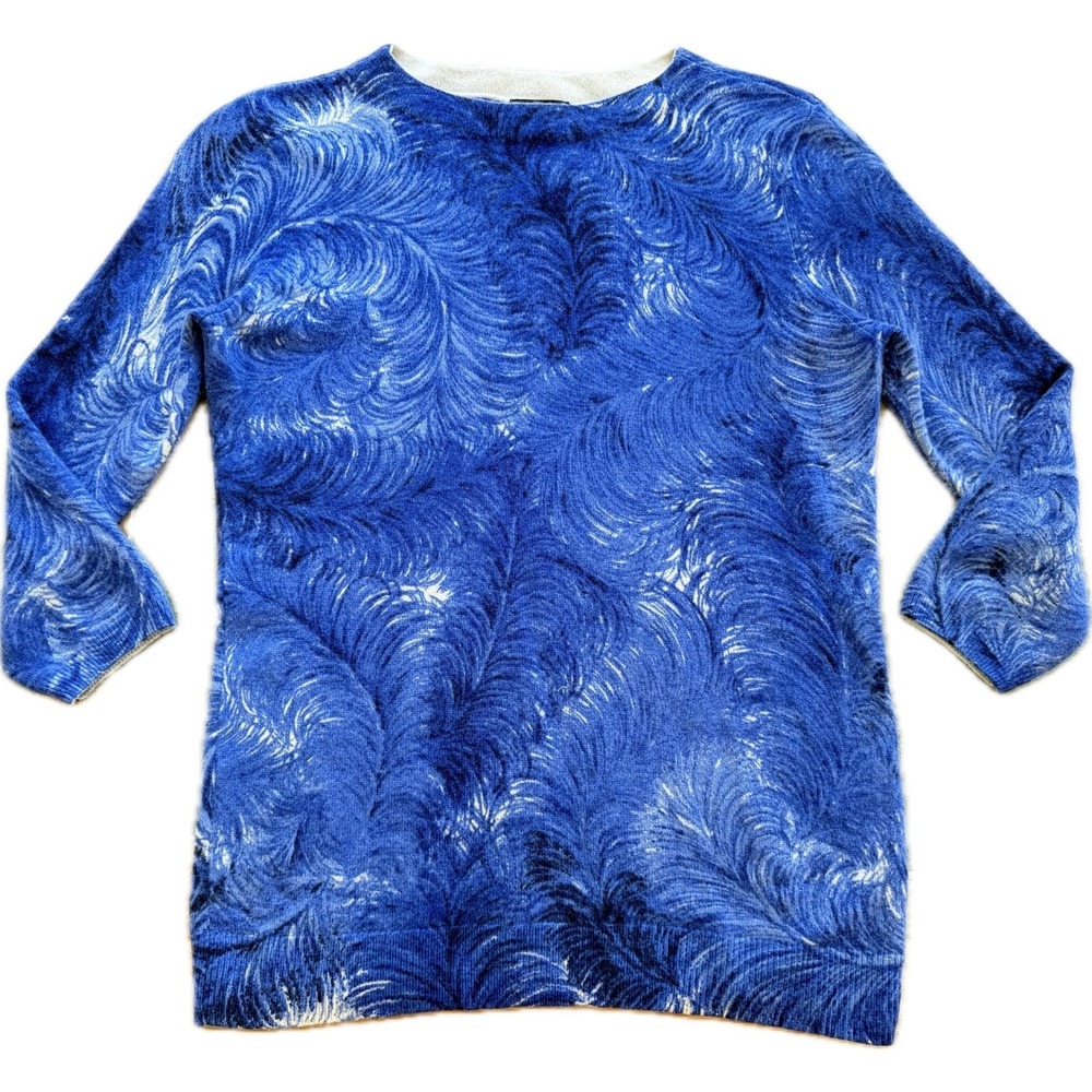 Talbots 100% Pure Cashmere Women's 3/4 Sleeves Sweater M Petites Blue Feathers